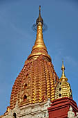 Ananda temple Bagan, Myanmar. Above the roof it rises a sikhara with niches on each face containing Buddha images.